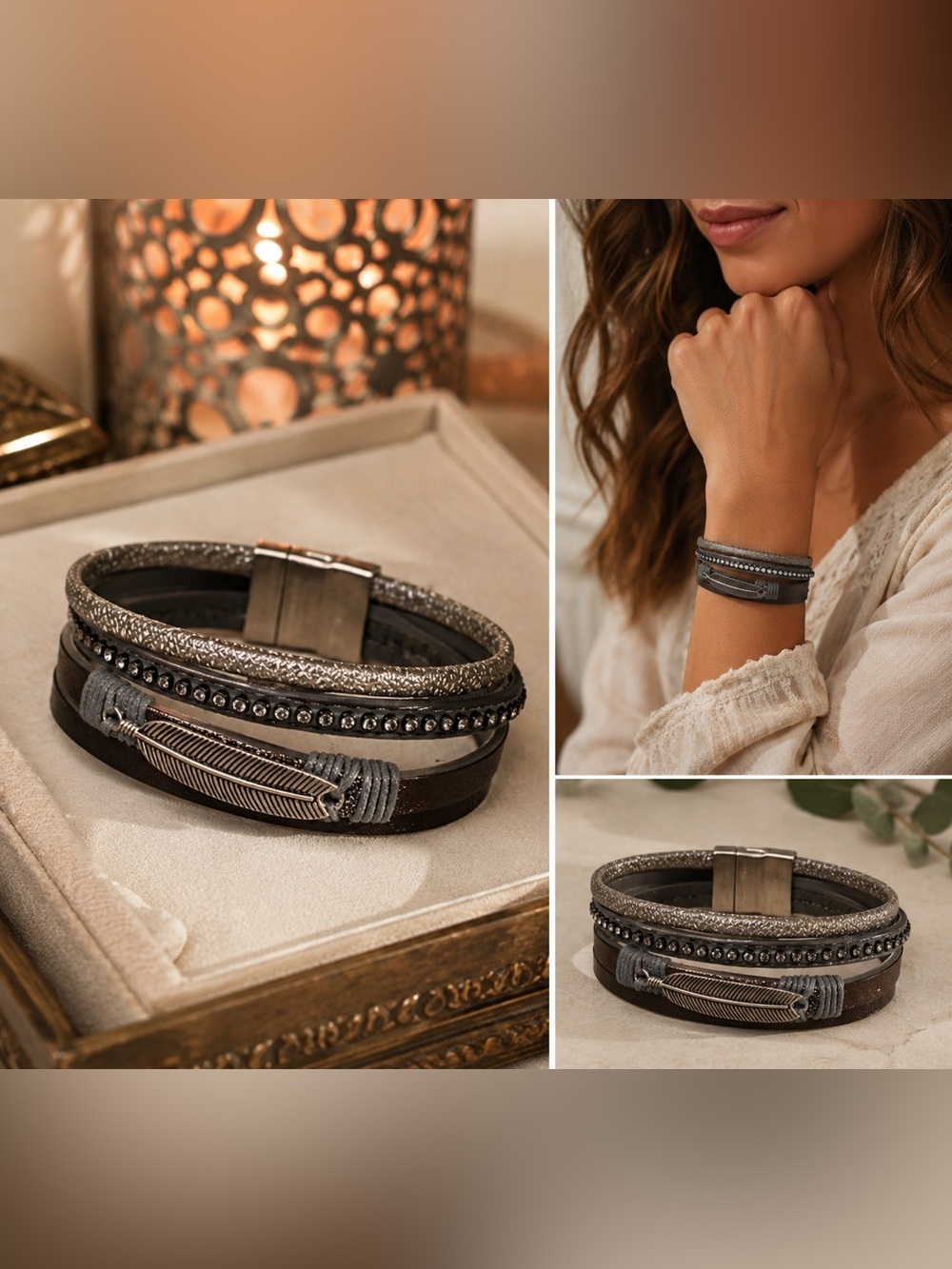 Boho Leather Wrap Bracelet Feather Charm CZ Crystal Magnetic Gray